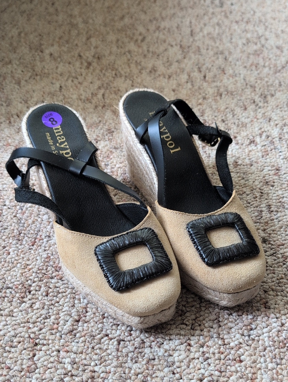 Maypol Made In Spain Beige Espadrille Wedge Sandals with Black Accent Size 38